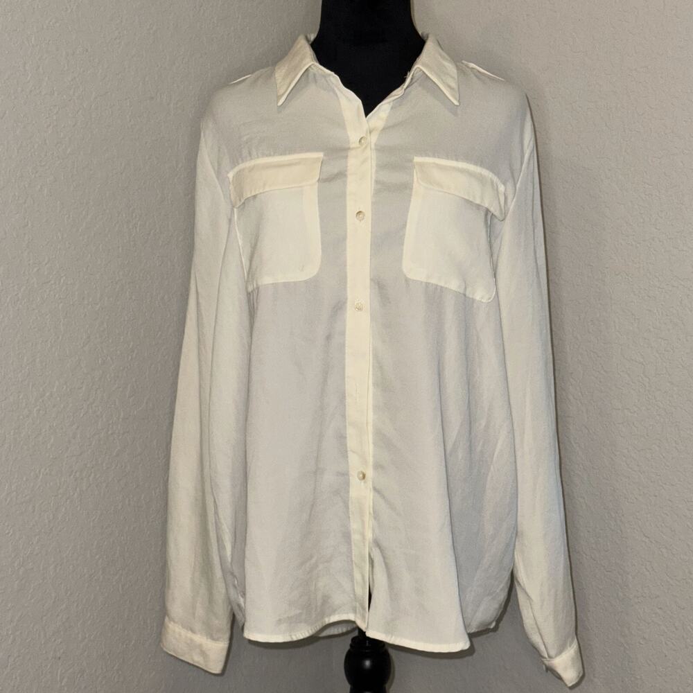 Tommy Hilfiger Shirt Women's Large Off-White Chest Pockets Long Sleeve Button-Up
